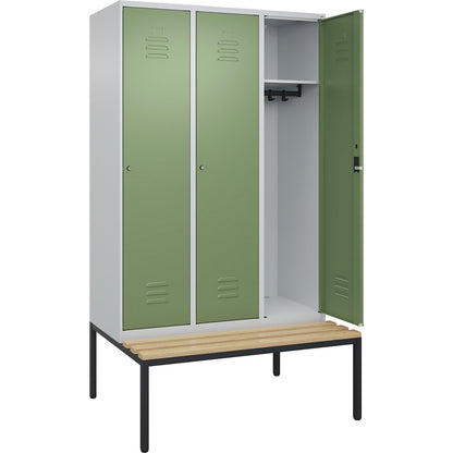 Classic PLUS bench seat clothes locker, 3 compartments, light grey/reseda green, W 1200 mm, cylinder lock, base frame, beech hardwood.