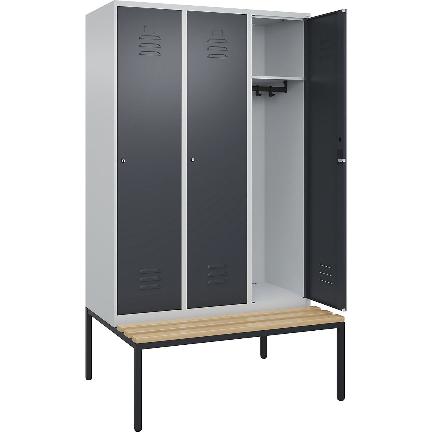 Classic PLUS bench seat clothes locker, 3 compartments, light grey/grey, W 1200 mm, cylinder lock, base frame, beech hardwood.