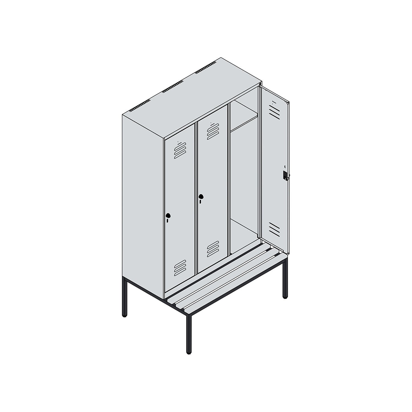 Classic PLUS bench seat clothes locker, 3 compartments, grey, W 1200 mm, security rotary bolt, base frame, beech hardwood.