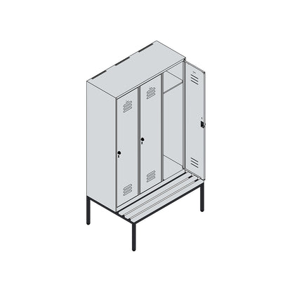 Classic PLUS bench seat clothes locker, 3 compartments, traffic white, W 1200 mm, security rotary bolt, base frame, beech hardwood.