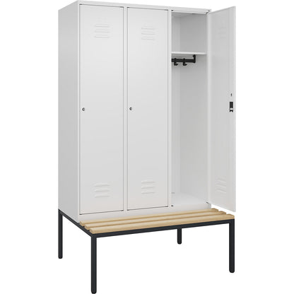 Classic PLUS bench seat clothes locker, 3 compartments, traffic white, W 1200 mm, cylinder lock, base frame, beech hardwood.
