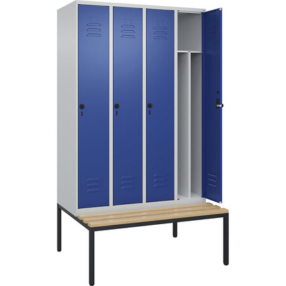 Classic PLUS clean and dirty bench seat clothes locker, narrow, 4 compartments, shortened centre divider, light grey/gentian blue, W 1200 mm, security rotary bolt, base frame, beech hardwood.