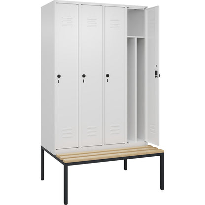 Classic PLUS clean and dirty bench seat clothes locker, narrow, 4 compartments, shortened centre divider, traffic white, W 1200 mm, security rotary bolt, base frame, beech hardwood.