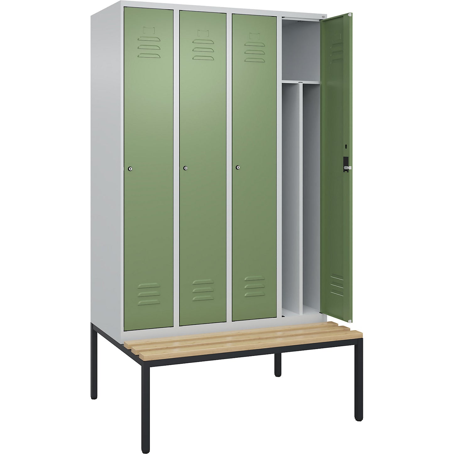 Classic PLUS clean and dirty bench seat clothes locker, narrow, 4 compartments, shortened centre divider, light grey/reseda green, W 1200 mm, cylinder lock, base frame, beech hardwood.