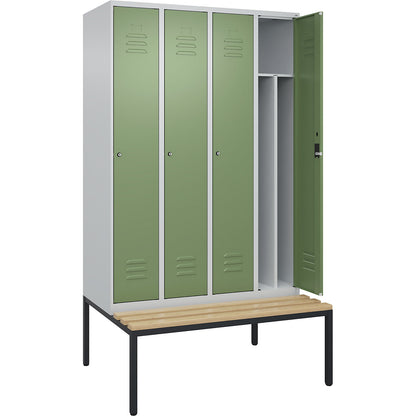 Classic PLUS clean and dirty bench seat clothes locker, narrow, 4 compartments, shortened centre divider, light grey/reseda green, W 1200 mm, cylinder lock, base frame, beech hardwood.