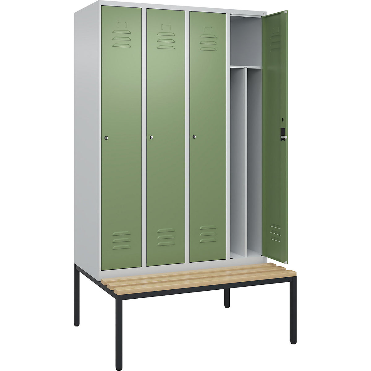 Classic PLUS clean and dirty bench seat clothes locker, narrow, 4 compartments, shortened centre divider, light grey/reseda green, W 1200 mm, cylinder lock, base frame, beech hardwood.