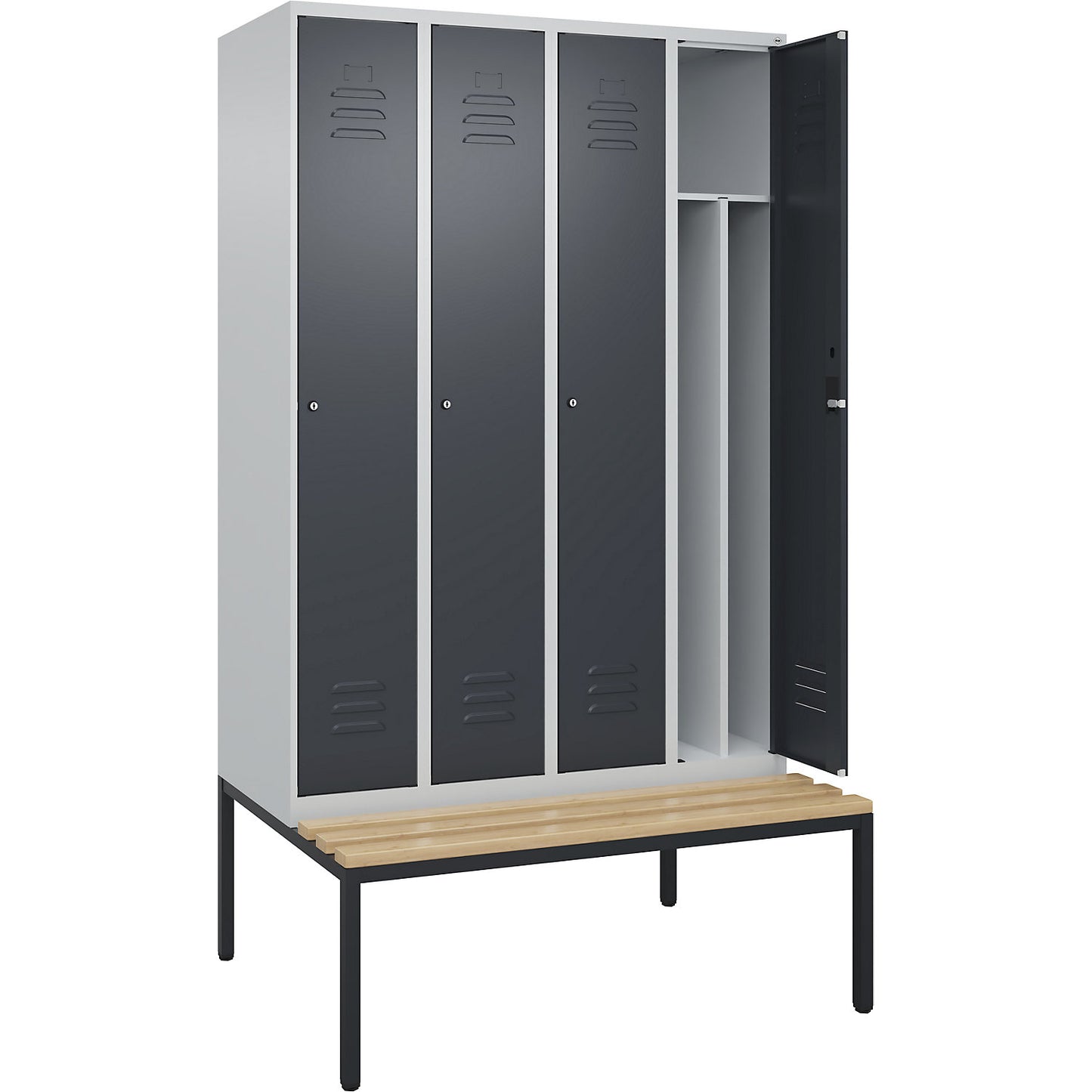 Classic PLUS clean and dirty bench seat clothes locker, narrow, 4 compartments, shortened centre divider, light grey/grey, W 1200 mm, cylinder lock, base frame, beech hardwood.