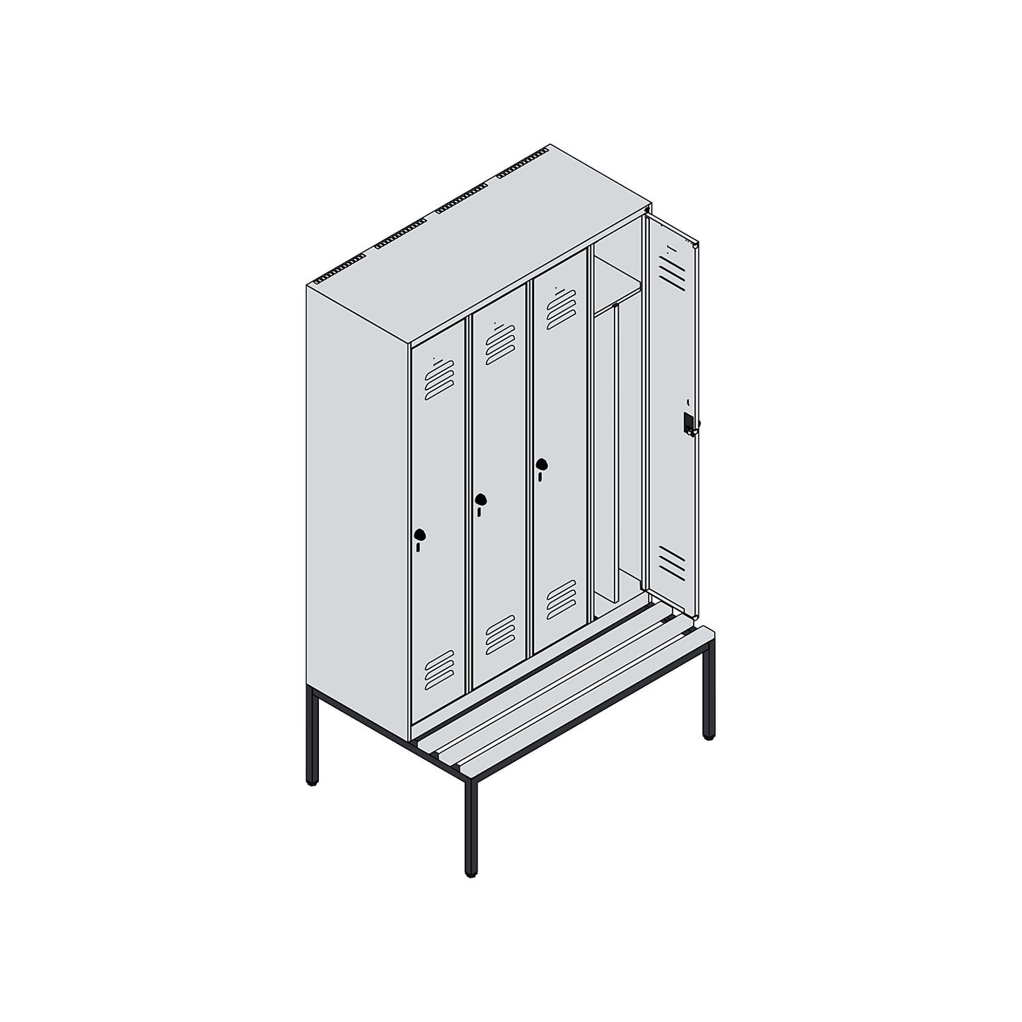 Classic PLUS clean and dirty bench seat clothes locker, narrow, 4 compartments, shortened centre divider, light grey, W 1200 mm, security rotary bolt, base frame, beech hardwood.