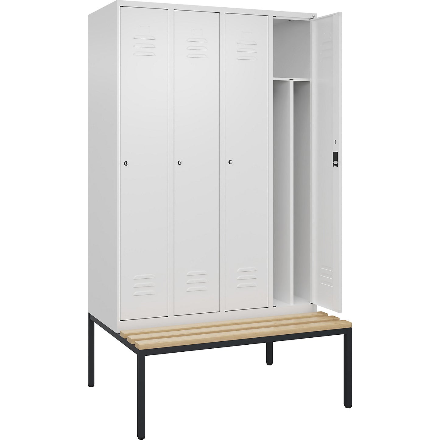 Classic PLUS clean and dirty bench seat clothes locker, narrow, 4 compartments, shortened centre divider, traffic white, W 1200 mm, cylinder lock, base frame, beech hardwood.