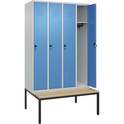 Classic PLUS bench seat clothes locker, 4 compartments, light grey/light blue, W 1200 mm, security rotary bolt, base frame, beech hardwood.