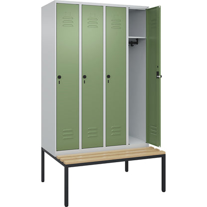 Classic PLUS bench seat clothes locker, 4 compartments, light grey/reseda green, W 1200 mm, security rotary bolt, base frame, beech hardwood.
