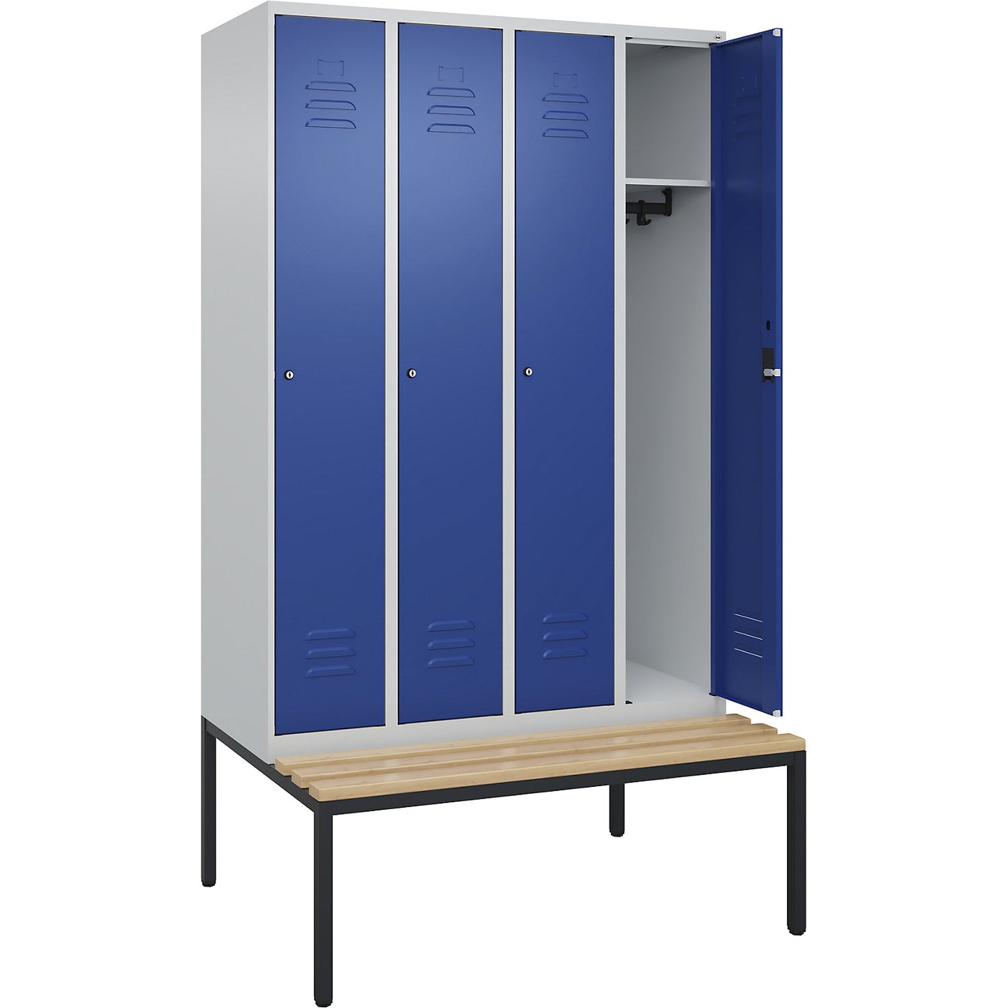 Classic PLUS bench seat clothes locker, 4 compartments, light grey/gentian blue, W 1200 mm, cylinder lock, base frame, beech hardwood.