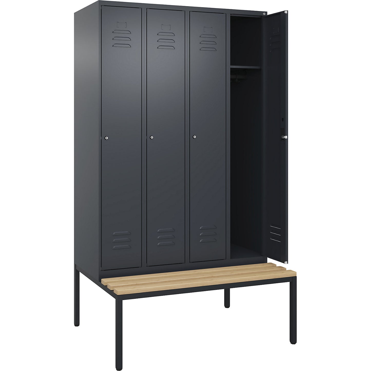 Classic PLUS bench seat clothes locker, 4 compartments, grey, W 1200 mm, cylinder lock, base frame, beech hardwood.