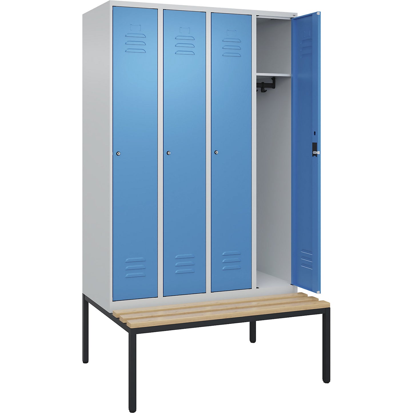 Classic PLUS bench seat clothes locker, 4 compartments, light grey/light blue, W 1200 mm, cylinder lock, base frame, beech hardwood.