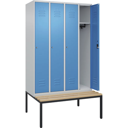 Classic PLUS bench seat clothes locker, 4 compartments, light grey/light blue, W 1200 mm, cylinder lock, base frame, beech hardwood.