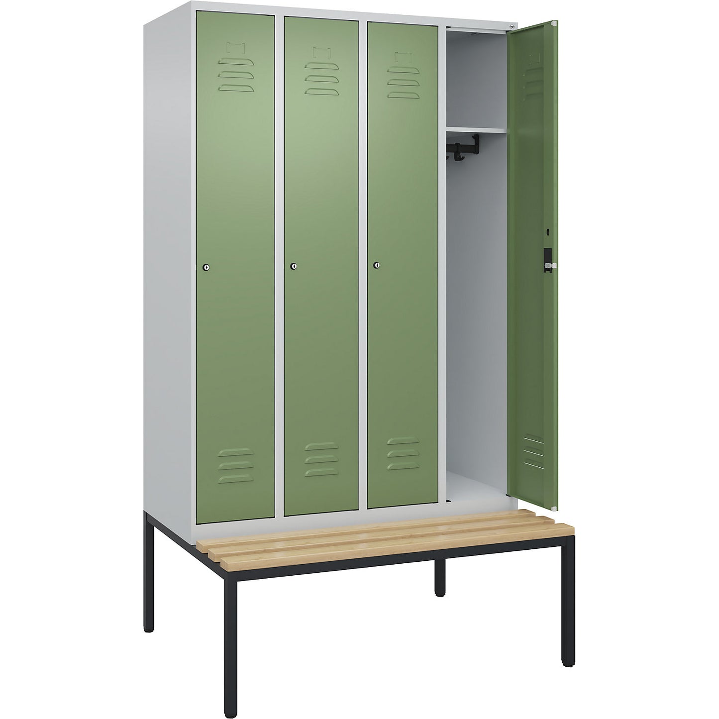 Classic PLUS bench seat clothes locker, 4 compartments, light grey/reseda green, W 1200 mm, cylinder lock, base frame, beech hardwood.