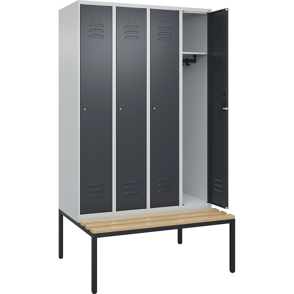 Classic PLUS bench seat clothes locker, 4 compartments, light grey/grey, W 1200 mm, cylinder lock, base frame, beech hardwood.