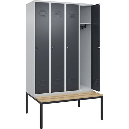 Classic PLUS bench seat clothes locker, 4 compartments, light grey/grey, W 1200 mm, cylinder lock, base frame, beech hardwood.