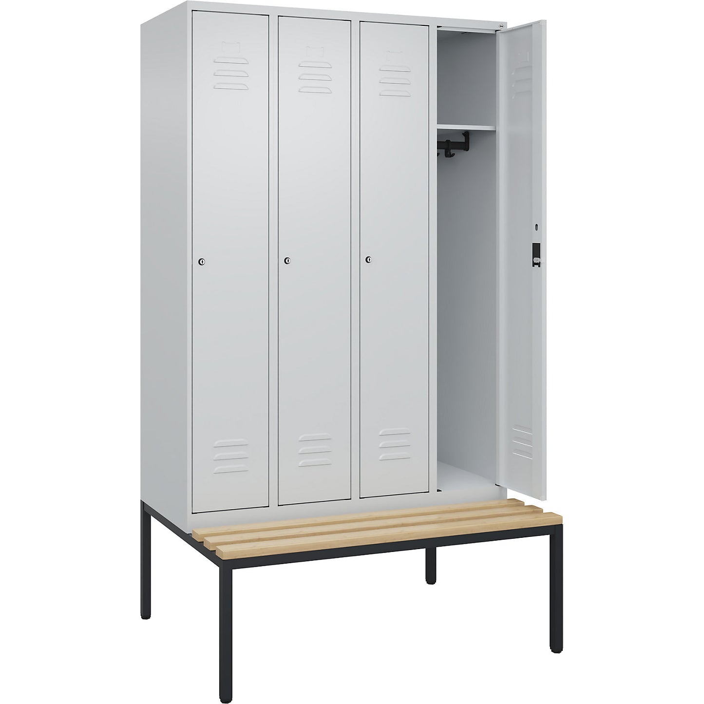 Classic PLUS bench seat clothes locker, 4 compartments, light grey, W 1200 mm, cylinder lock, base frame, beech hardwood.
