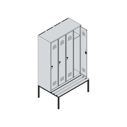 Classic PLUS bench seat clothes locker, 4 compartments, grey, W 1200 mm, security rotary bolt, base frame, beech hardwood.