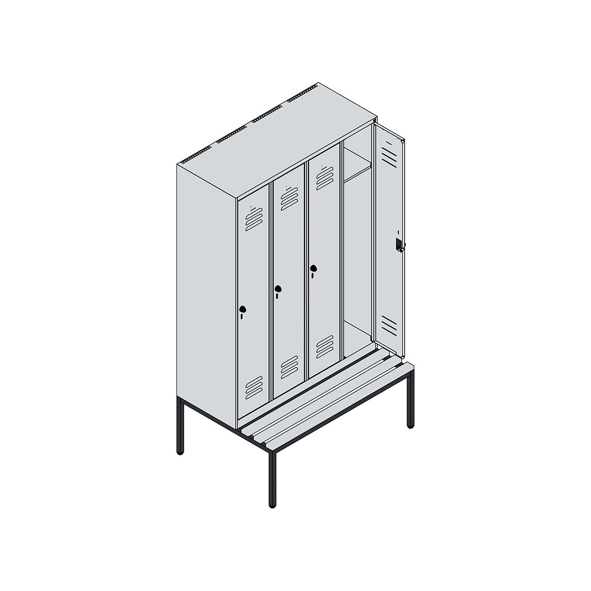 Classic PLUS bench seat clothes locker, 4 compartments, light grey/light blue, W 1200 mm, security rotary bolt, base frame, beech hardwood.