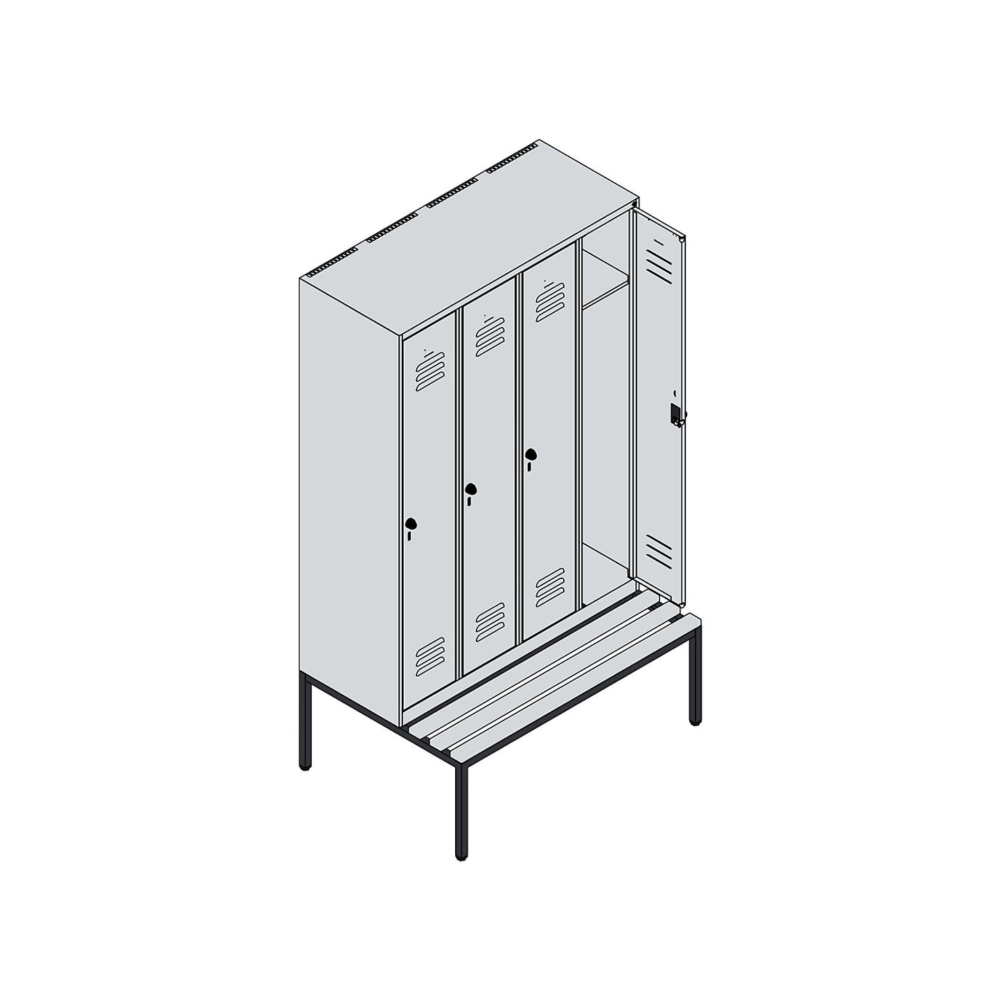 Classic PLUS bench seat clothes locker, 4 compartments, light grey, W 1200 mm, security rotary bolt, base frame, beech hardwood.