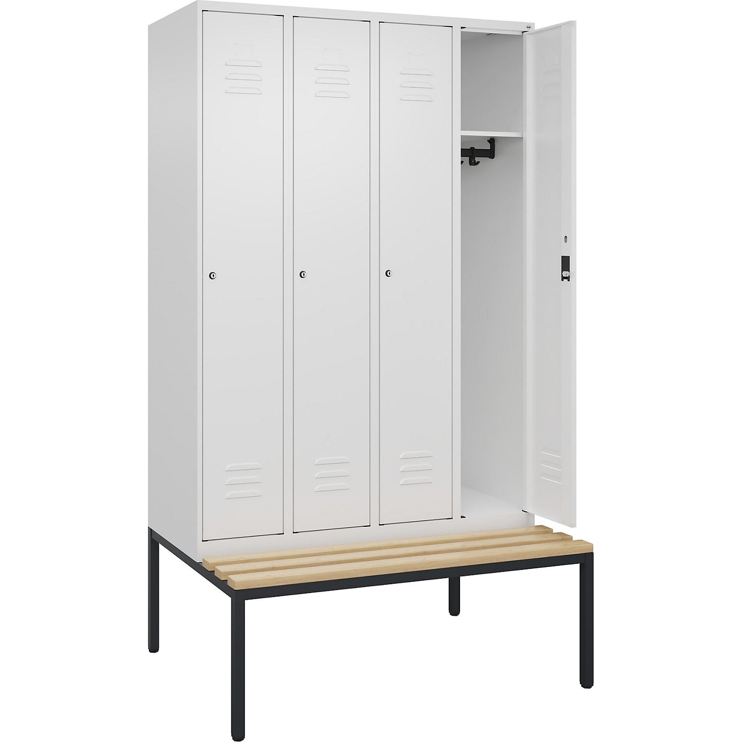 Classic PLUS bench seat clothes locker, 4 compartments, traffic white, W 1200 mm, cylinder lock, base frame, beech hardwood.