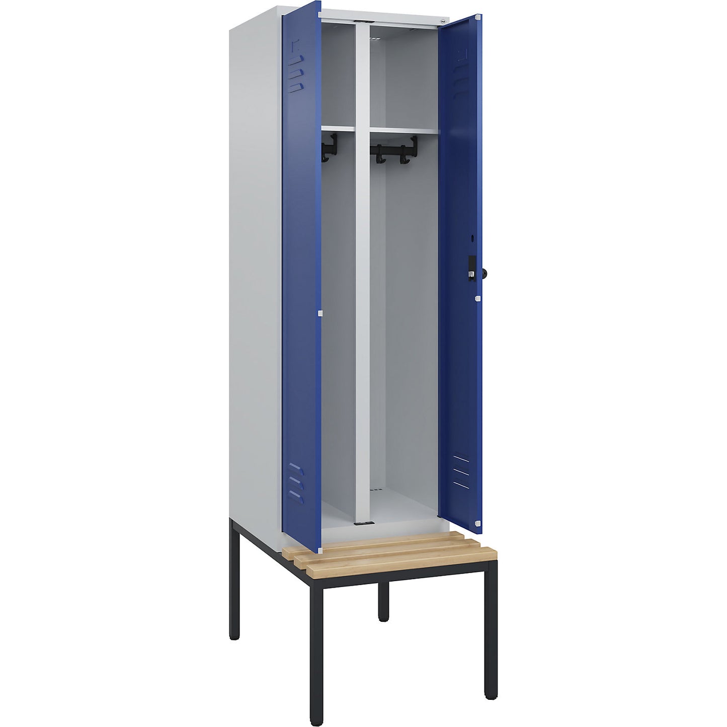 Classic PLUS clean and dirty bench seat clothes locker, centre divider, 1 compartment, light grey/gentian blue, W 600 mm, security rotary bolt, base frame, beech hardwood.