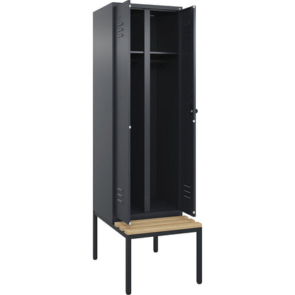 Classic PLUS clean and dirty bench seat clothes locker, centre divider, 1 compartment, grey, W 600 mm, security rotary bolt, base frame, beech hardwood.