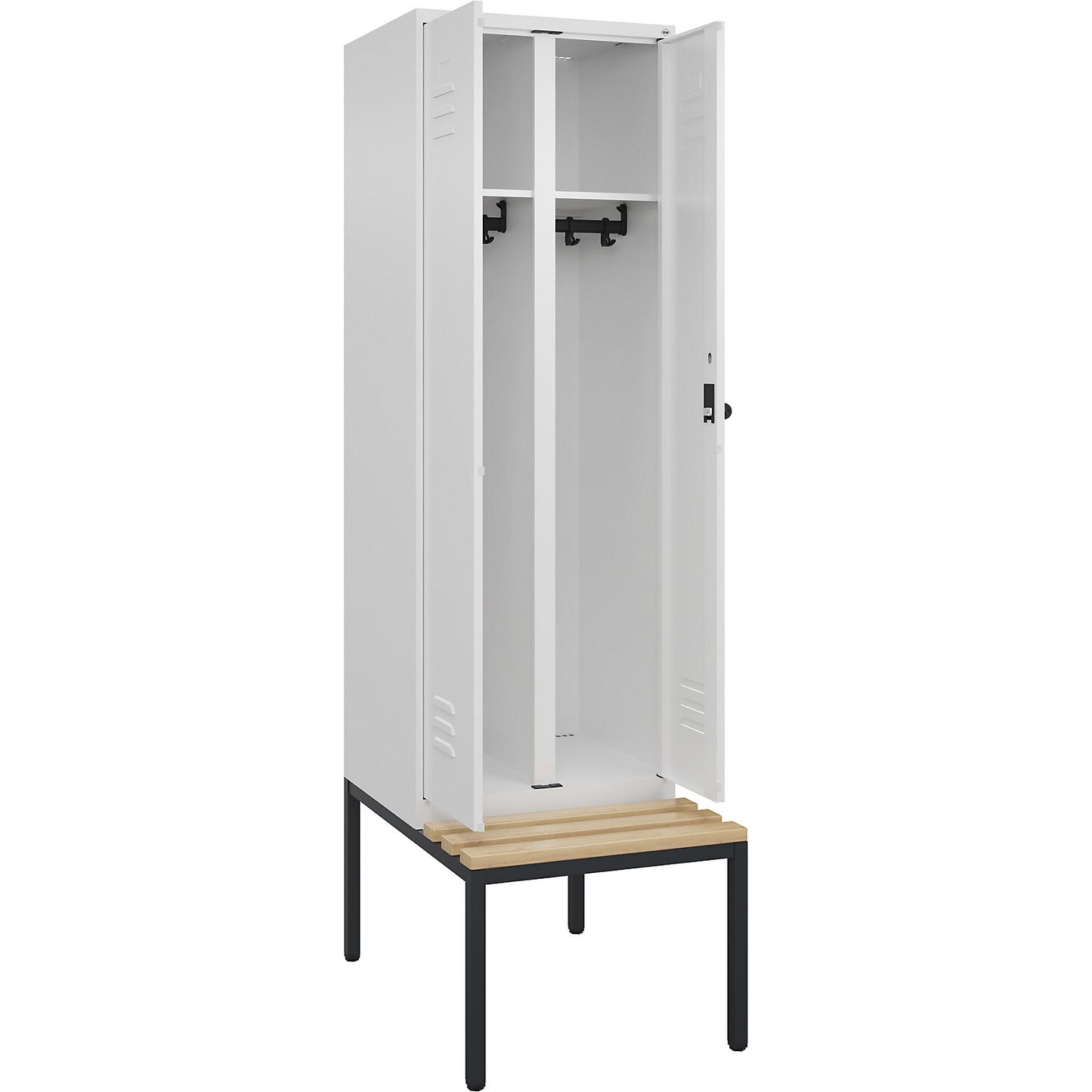 Classic PLUS clean and dirty bench seat clothes locker, centre divider, 1 compartment, traffic white, W 600 mm, security rotary bolt, base frame, beech hardwood.