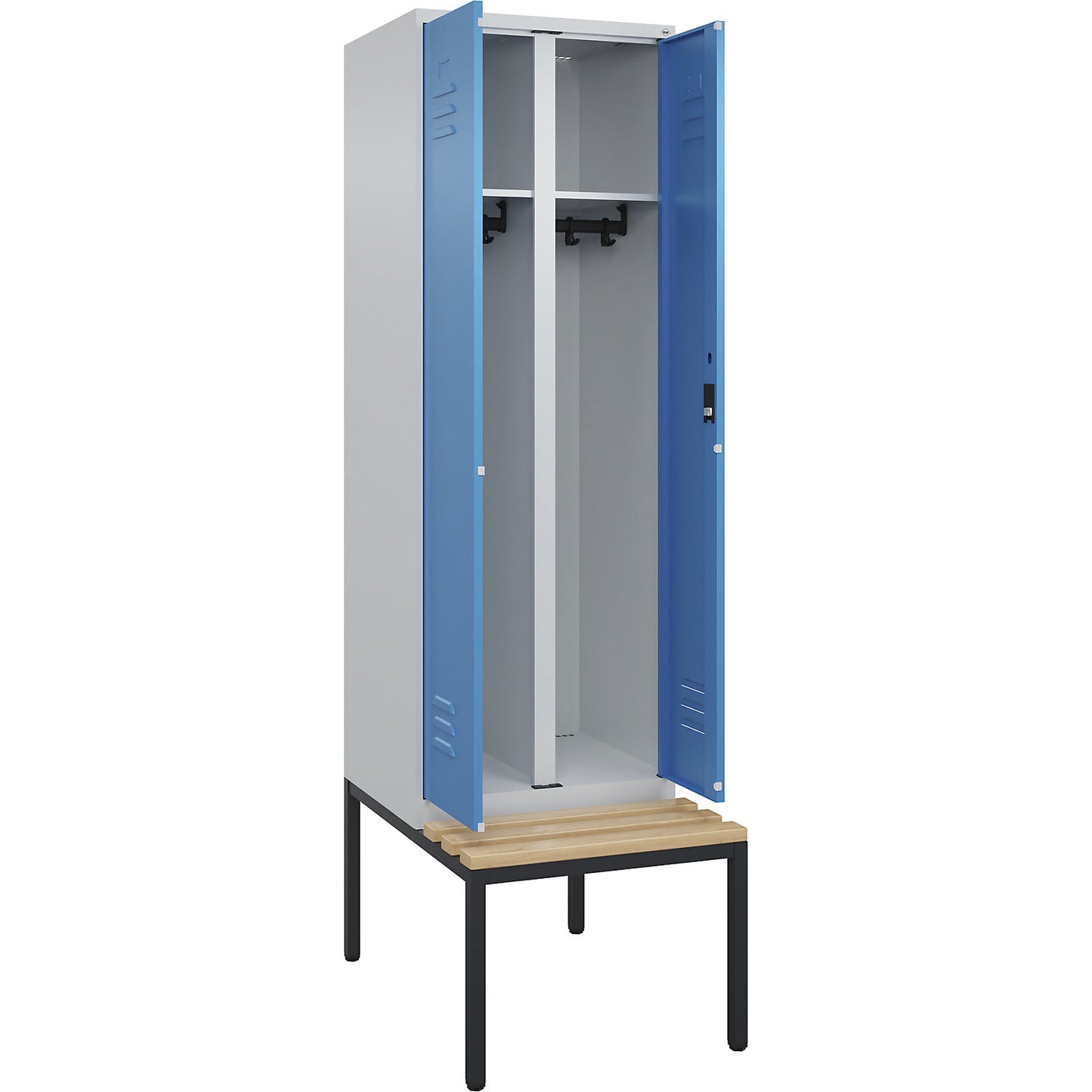 Classic PLUS clean and dirty bench seat clothes locker, centre divider, 1 compartment, light grey/light blue, W 600 mm, cylinder lock, base frame, beech hardwood.