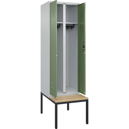 Classic PLUS clean and dirty bench seat clothes locker, centre divider, 1 compartment, light grey/reseda green, W 600 mm, cylinder lock, base frame, beech hardwood.