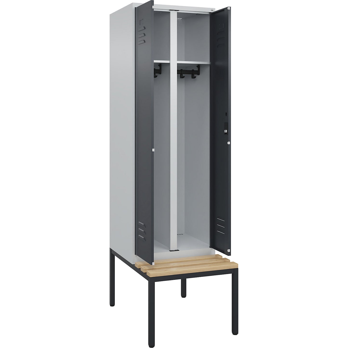 Classic PLUS clean and dirty bench seat clothes locker, centre divider, 1 compartment, light grey/grey, W 600 mm, cylinder lock, base frame, beech hardwood.