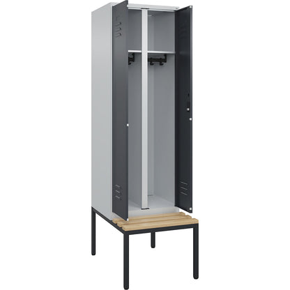 Classic PLUS clean and dirty bench seat clothes locker, centre divider, 1 compartment, light grey/grey, W 600 mm, cylinder lock, base frame, beech hardwood.