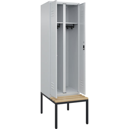 Classic PLUS clean and dirty bench seat clothes locker, centre divider, 1 compartment, light grey, W 600 mm, cylinder lock, base frame, beech hardwood.
