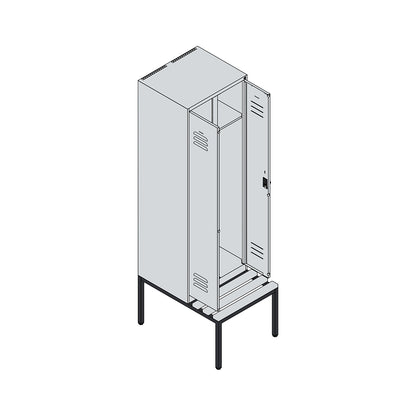 Classic PLUS clean and dirty bench seat clothes locker, centre divider, 1 compartment, grey, W 600 mm, security rotary bolt, base frame, beech hardwood.