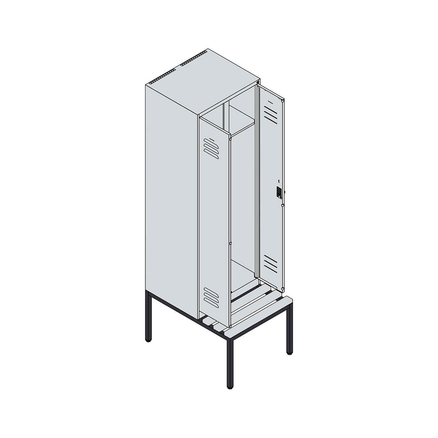 Classic PLUS clean and dirty bench seat clothes locker, centre divider, 1 compartment, light grey/gentian blue, W 600 mm, security rotary bolt, base frame, beech hardwood.