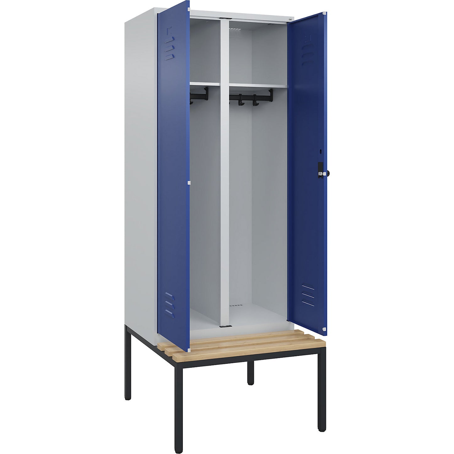 Classic PLUS clean and dirty bench seat clothes locker, centre divider, 1 compartment, light grey/gentian blue, W 800 mm, security rotary bolt, base frame, beech hardwood.