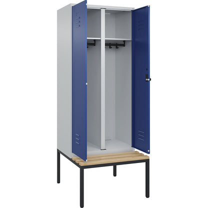 Classic PLUS clean and dirty bench seat clothes locker, centre divider, 1 compartment, light grey/gentian blue, W 800 mm, security rotary bolt, base frame, beech hardwood.