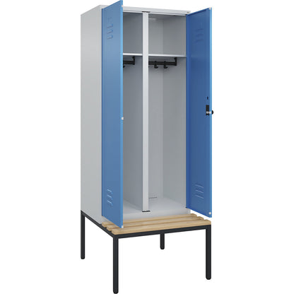 Classic PLUS clean and dirty bench seat clothes locker, centre divider, 1 compartment, light grey/light blue, W 800 mm, security rotary bolt, base frame, beech hardwood.