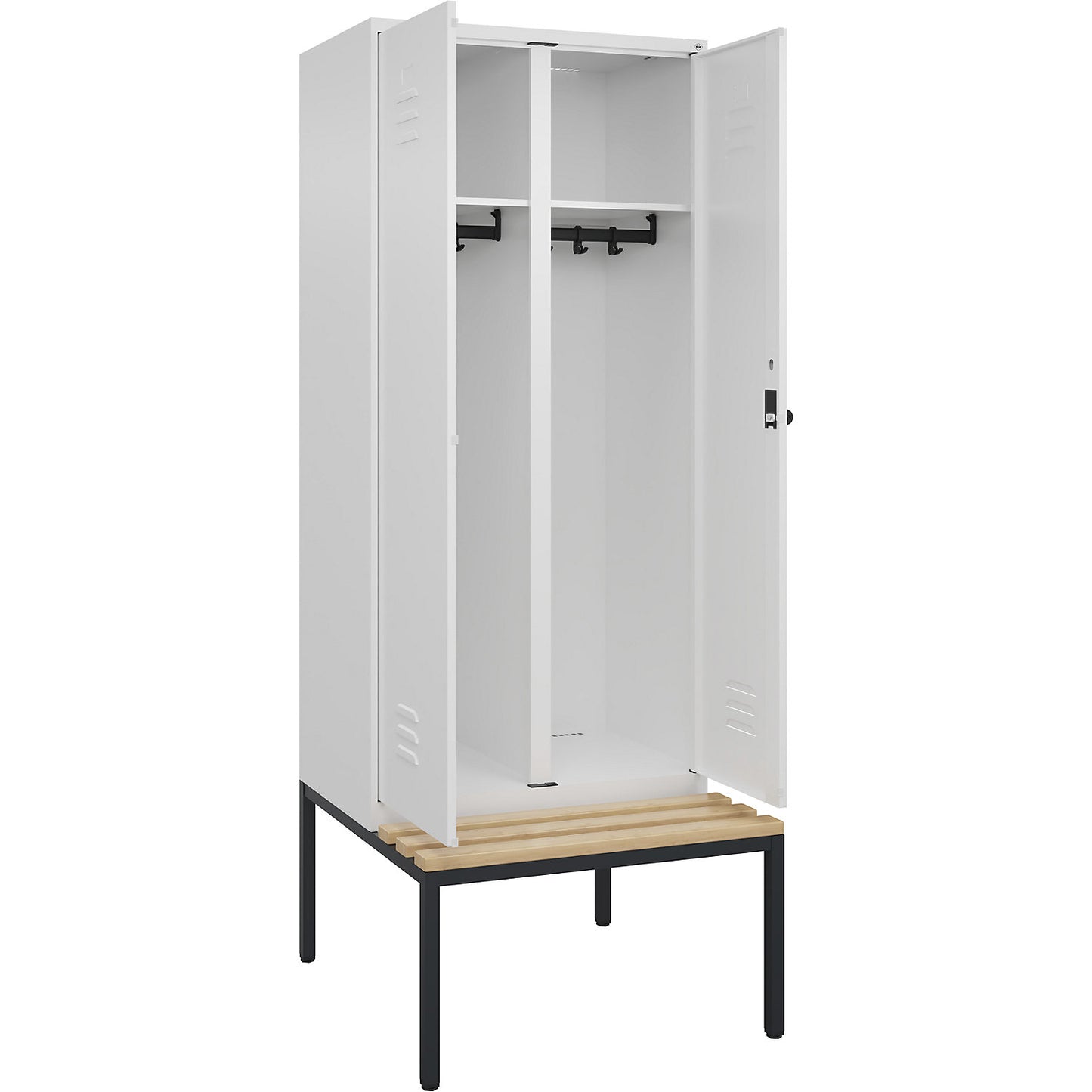 Classic PLUS clean and dirty bench seat clothes locker, centre divider, 1 compartment, traffic white, W 800 mm, security rotary bolt, base frame, beech hardwood.