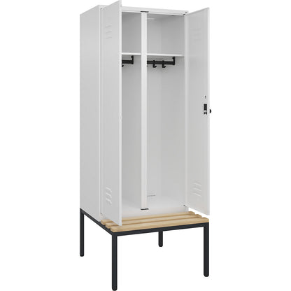 Classic PLUS clean and dirty bench seat clothes locker, centre divider, 1 compartment, traffic white, W 800 mm, security rotary bolt, base frame, beech hardwood.