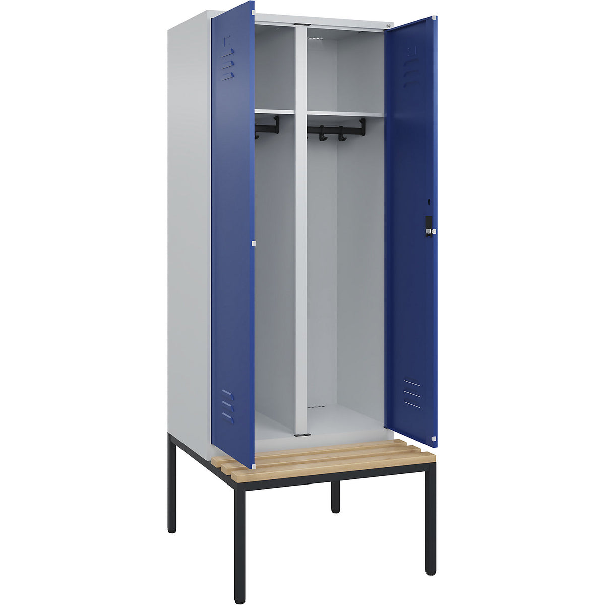 Classic PLUS clean and dirty bench seat clothes locker, centre divider, 1 compartment, light grey/gentian blue, W 800 mm, cylinder lock, base frame, beech hardwood.