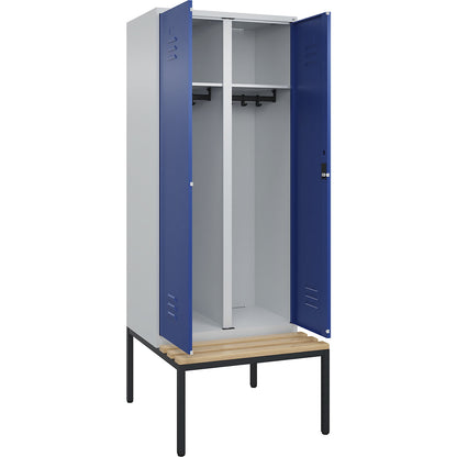 Classic PLUS clean and dirty bench seat clothes locker, centre divider, 1 compartment, light grey/gentian blue, W 800 mm, cylinder lock, base frame, beech hardwood.