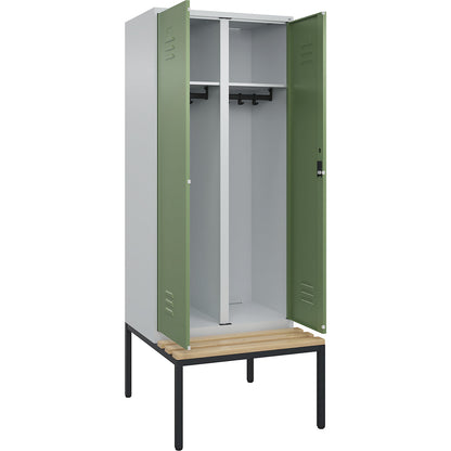 Classic PLUS clean and dirty bench seat clothes locker, centre divider, 1 compartment, light grey/reseda green, W 800 mm, cylinder lock, base frame, beech hardwood.