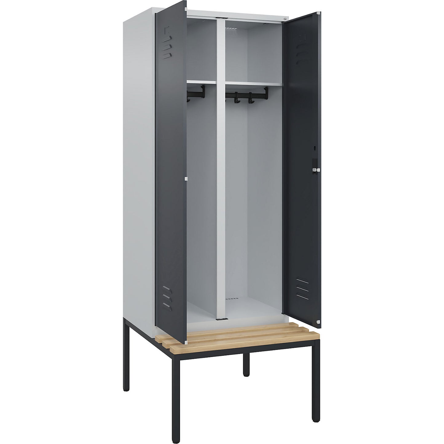 Classic PLUS clean and dirty bench seat clothes locker, centre divider, 1 compartment, light grey/grey, W 800 mm, cylinder lock, base frame, beech hardwood.