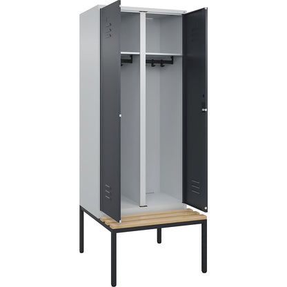 Classic PLUS clean and dirty bench seat clothes locker, centre divider, 1 compartment, light grey/grey, W 800 mm, cylinder lock, base frame, beech hardwood.