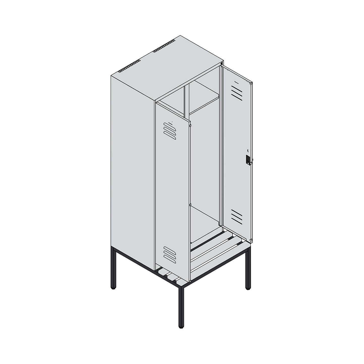 Classic PLUS clean and dirty bench seat clothes locker, centre divider, 1 compartment, light grey/light blue, W 800 mm, security rotary bolt, base frame, beech hardwood.