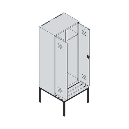 Classic PLUS clean and dirty bench seat clothes locker, centre divider, 1 compartment, light grey/light blue, W 800 mm, security rotary bolt, base frame, beech hardwood.