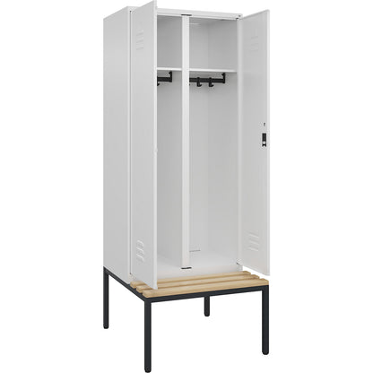 Classic PLUS clean and dirty bench seat clothes locker, centre divider, 1 compartment, traffic white, W 800 mm, cylinder lock, base frame, beech hardwood.